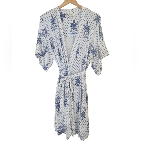 Soma Other - Soma Cool Nights Blue White Polka Dot Paisley Print Boho Short Wrap Robe, L/XL